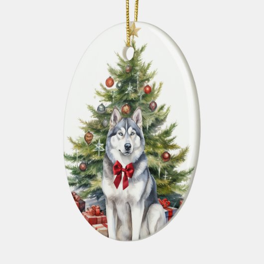 Rode Boog Siberische Husky Kerstmis Keramisch Ornament (Links)
