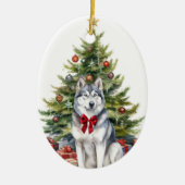 Rode Boog Siberische Husky Kerstmis Keramisch Ornament (Voorkant)