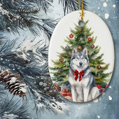 Rode Boog Siberische Husky Kerstmis Keramisch Ornament