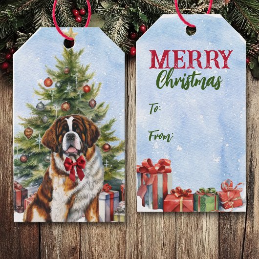 Rode boog Sint Bernard Hond Kerstboom Cadeaulabel