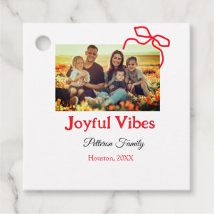 Rode boog vreugdevolle Vibes voeg familienaam foto Bedankjes Labels