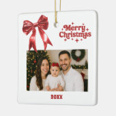 Rode boog witte kerstfoto keramisch ornament (Links)