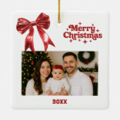 Rode boog witte kerstfoto keramisch ornament (Achterkant)