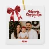 Rode boog witte kerstfoto keramisch ornament (Voorkant)