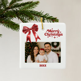 Rode boog witte kerstfoto keramisch ornament