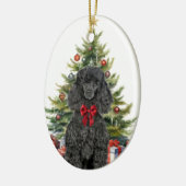 Rode boog zwart standaard poedel hond kerst keramisch ornament (Links)