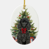 Rode boog zwart standaard poedel hond kerst keramisch ornament (Voorkant)