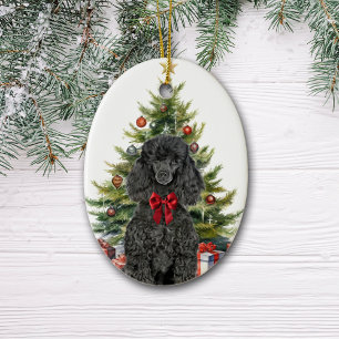 Rode boog zwart standaard poedel hond kerst keramisch ornament