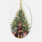 Rode boog zwart tan cocker spaniel hond keramisch ornament (Links)