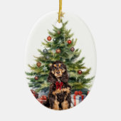 Rode boog zwart tan cocker spaniel hond keramisch ornament (Voorkant)