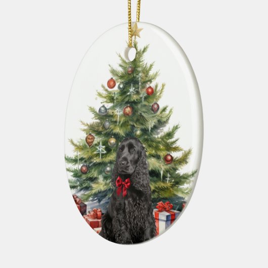 Rode boog zwarte cocker spaniel hond keramisch ornament (Links)
