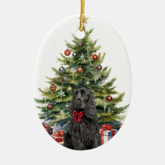 Rode boog zwarte cocker spaniel hond keramisch ornament (Voorkant)