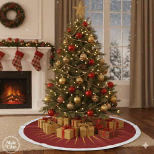 Rode boomrok met gele glanzende ster markering fleece kerstboom rok