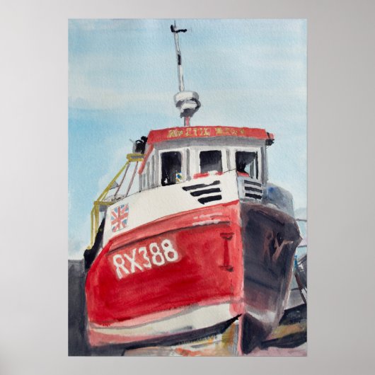 Rode boot kust aquarel poster (Voorkant)