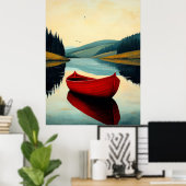 Rode bootreflectie – Naïeve serene meerkunst Poster (Thuiskantoor)