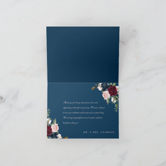 Rode bordeaux & blauw Elegante Waterverf Bedankkaart (Binnen)