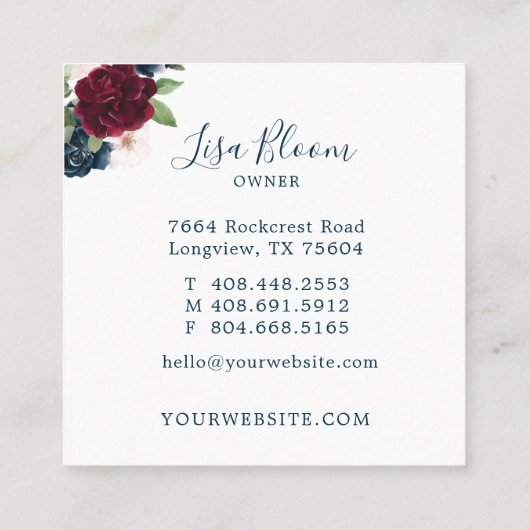 Rode bordeaux & blauw Elegante Waterverf Vierkante Visitekaartje (Achterkant)