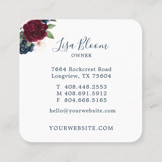 Rode bordeaux & blauw Elegante Waterverf Vierkante Visitekaartje (Achterkant)