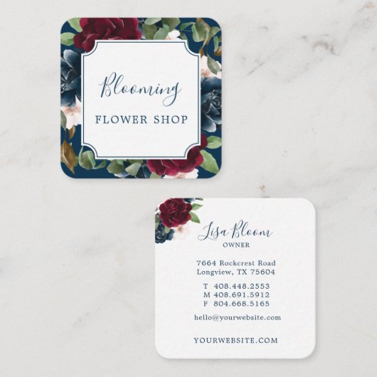 Rode bordeaux & blauw Elegante Waterverf Vierkante Visitekaartje (Voorkant / Achterkant)