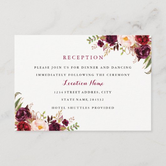 Rode bordeaux bloemenval bruiloft receptie Kaart (Voorkant)