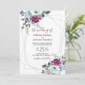 Rode bordeaux en stoffige blauwe winter bloemenbru kaart (Staand voorkant)