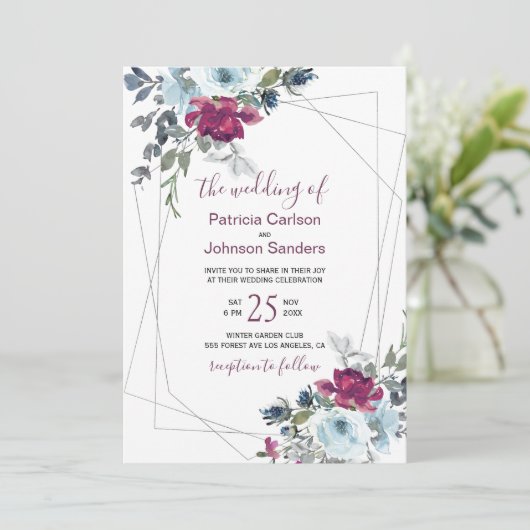 Rode bordeaux en stoffige blauwe winter bloemenbru kaart (Staand voorkant)