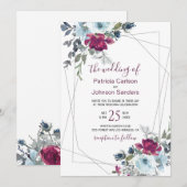 Rode bordeaux en stoffige blauwe winter bloemenbru kaart (Voorkant / Achterkant)