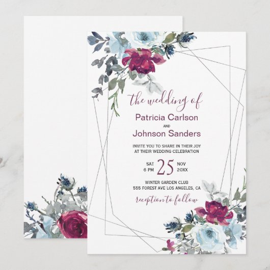 Rode bordeaux en stoffige blauwe winter bloemenbru kaart (Voorkant / Achterkant)