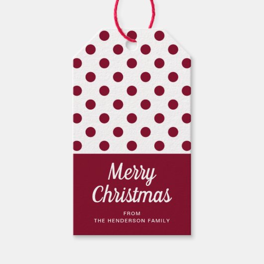 Rode bordeaux polka stippen vrolijk kerstfeest cadeaulabel (Voorkant)