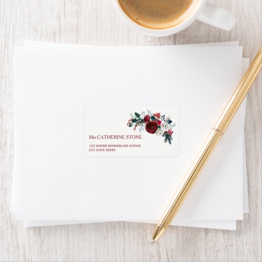 Rode bordeaux winter pioen bloemen elegant adres etiket (Insitu)