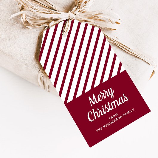 Rode bordeauxrode strepen Vrolijk kerstfeest Cadeaulabel