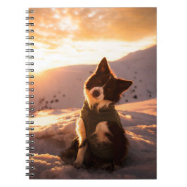 Rode Border Collie in besneeuwde bergen bij zonson Notitieboek