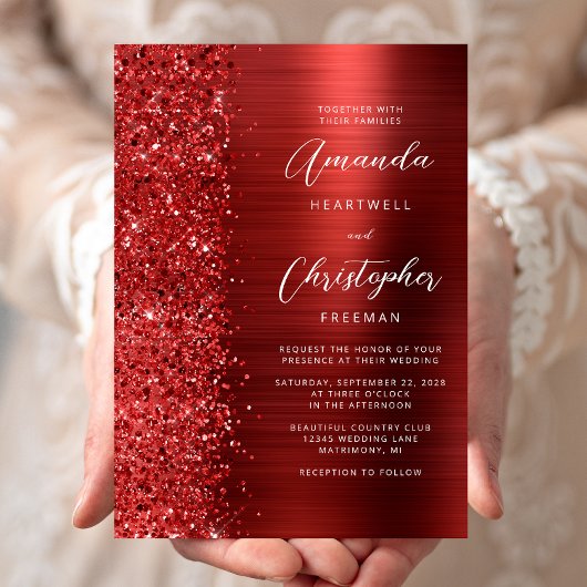Rode Borstel Metaal Glitter Script Trouw Kaart