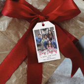 Rode Borstel Schrift Merry Christmas Modern Foto Cadeaulabel