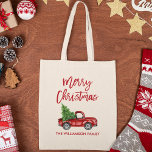 Rode Borstel Script  Rode Vrachtwagen Kerst Tote Bag<br><div class="desc">Modern penseelscript voor vrolijk kerstfeest Waterverf  rood vrachtwagen met Canvas tas kerstboom</div>