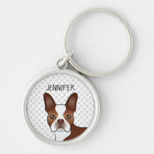 Rode Boston Terrier Cartoon Hondenkop & Jouw Naam Sleutelhanger