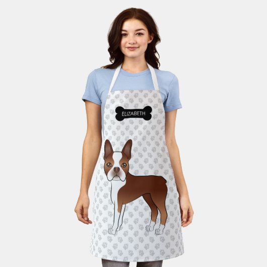 Rode Boston Terrier Cartoonhond Met Bot & Naam Schort (Gedragen)