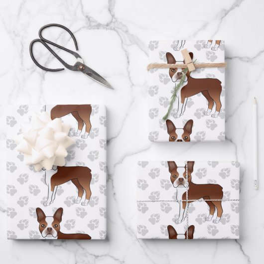 Rode Boston Terrier Cartoonhondpatroon & Grijze po Inpakpapier Vel (Voorkant)