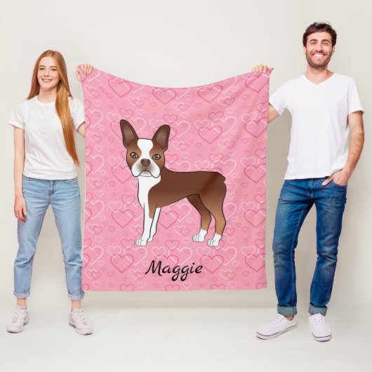 Rode Boston Terrier-hond op roze harten en naam Fleece Deken (In situ)