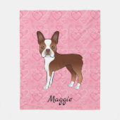 Rode Boston Terrier-hond op roze harten en naam Fleece Deken (Voorkant)