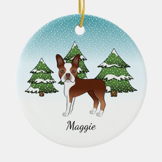 Rode Boston Terrier In Een Winterbos & Naam Keramisch Ornament (Voorkant)