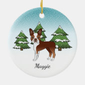 Rode Boston Terrier In Een Winterbos & Naam Keramisch Ornament (Achterkant)