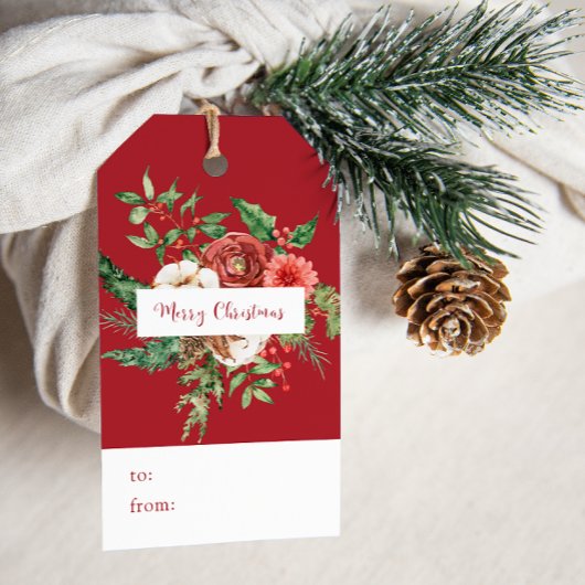 Rode botanische kerstcadeaukaartjes cadeaulabel