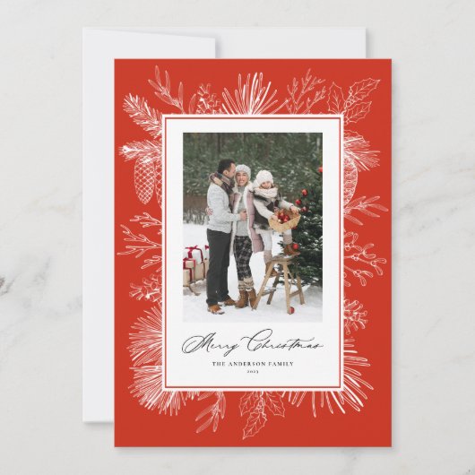 Rode Botanische Lijst Kerstfoto Feestdagenkaart (Voorkant)