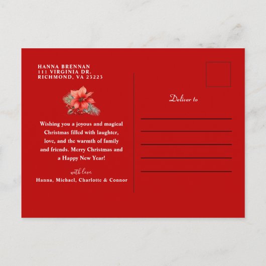 Rode Botanische Vrolijke Kerstmis Feestdagenkaart (Achterkant)
