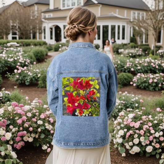 rode bougainvillea of papierbloem, tropische bloem denim jacket (Huwelijk Achterkant)