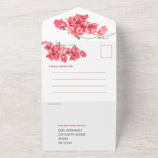 Rode bougainvillea waterverf bruiloft RSVP-opties All In One Uitnodiging (Buitenkant)