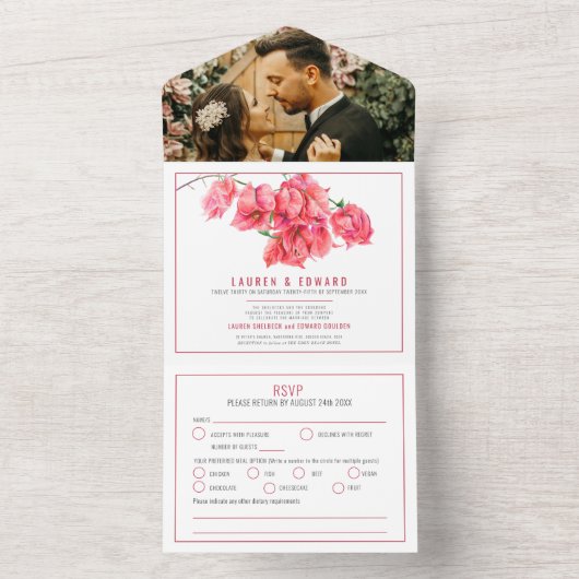 Rode bougainvillea waterverf bruiloft RSVP-opties All In One Uitnodiging (Binnen)