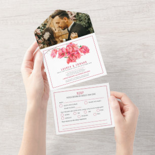 Rode bougainvillea waterverf bruiloft RSVP-opties All In One Uitnodiging