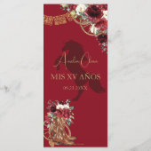 Rode Bourgogne Bloemen Charro Quinceañera XV Menu (Achterkant)